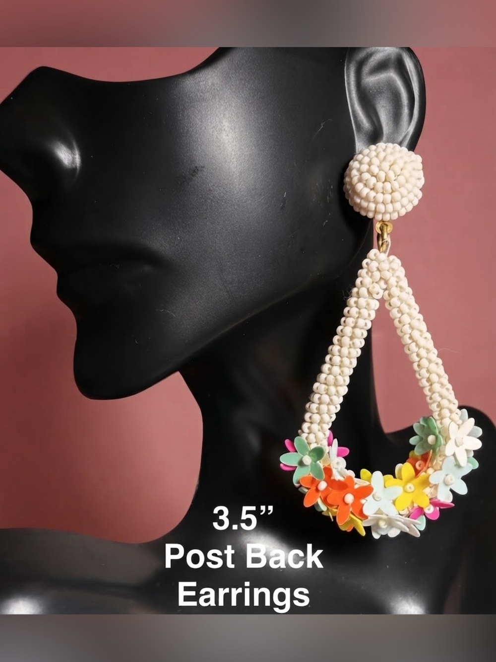 Cream Beaded Drop Earrings with Multicolor Floral Accents
